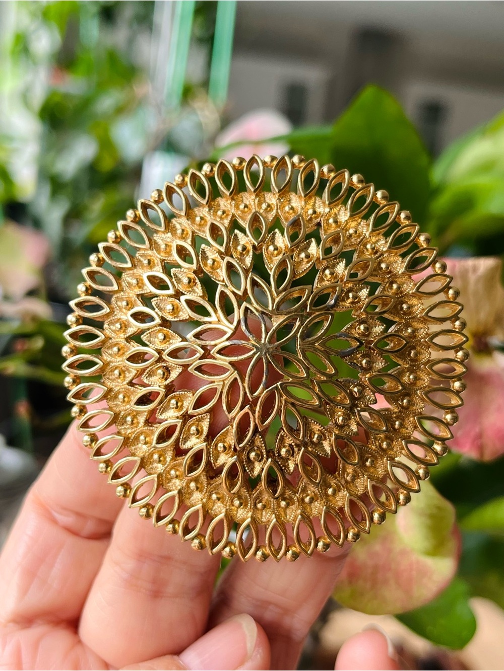 Large Vintage Monet Signed Gold Tone Statement Filigree Flower Brooch 2.4